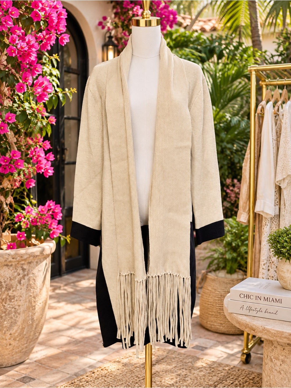 Made in Italy Cream Fringe Open-Front Long Cardigan Ribbed Sweater Tiger Motif